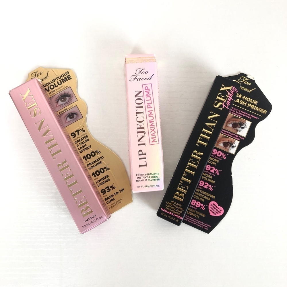 NIB Too Faced Better Than Sex Mascara, Foreplay Primer, + Lip Plumper